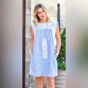 J. Marie Blue/Wht stripe Shift dress with embroidery Size S#802